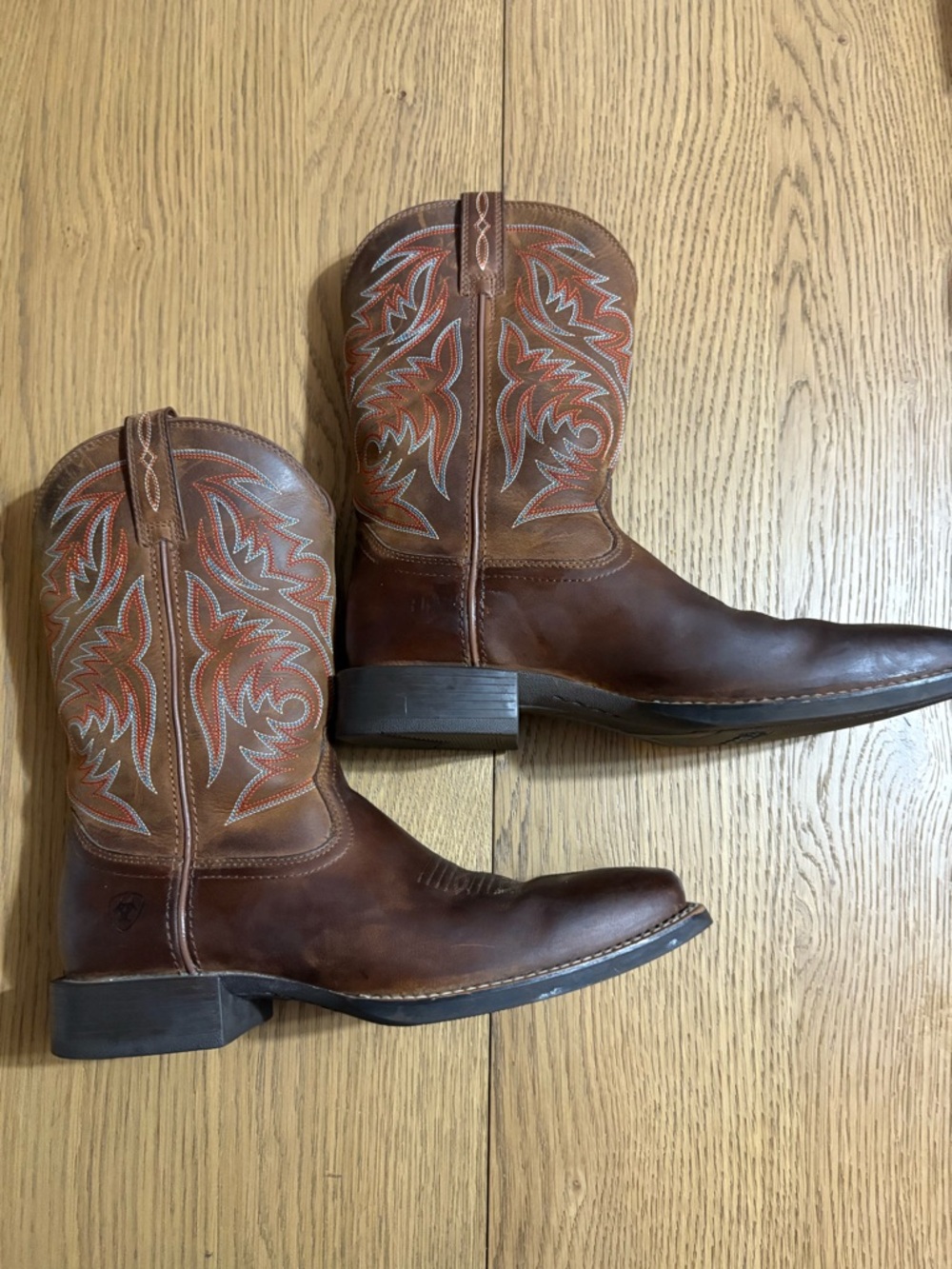 Ariat Brown Leather Western Boots with Orange & Gray Stitching